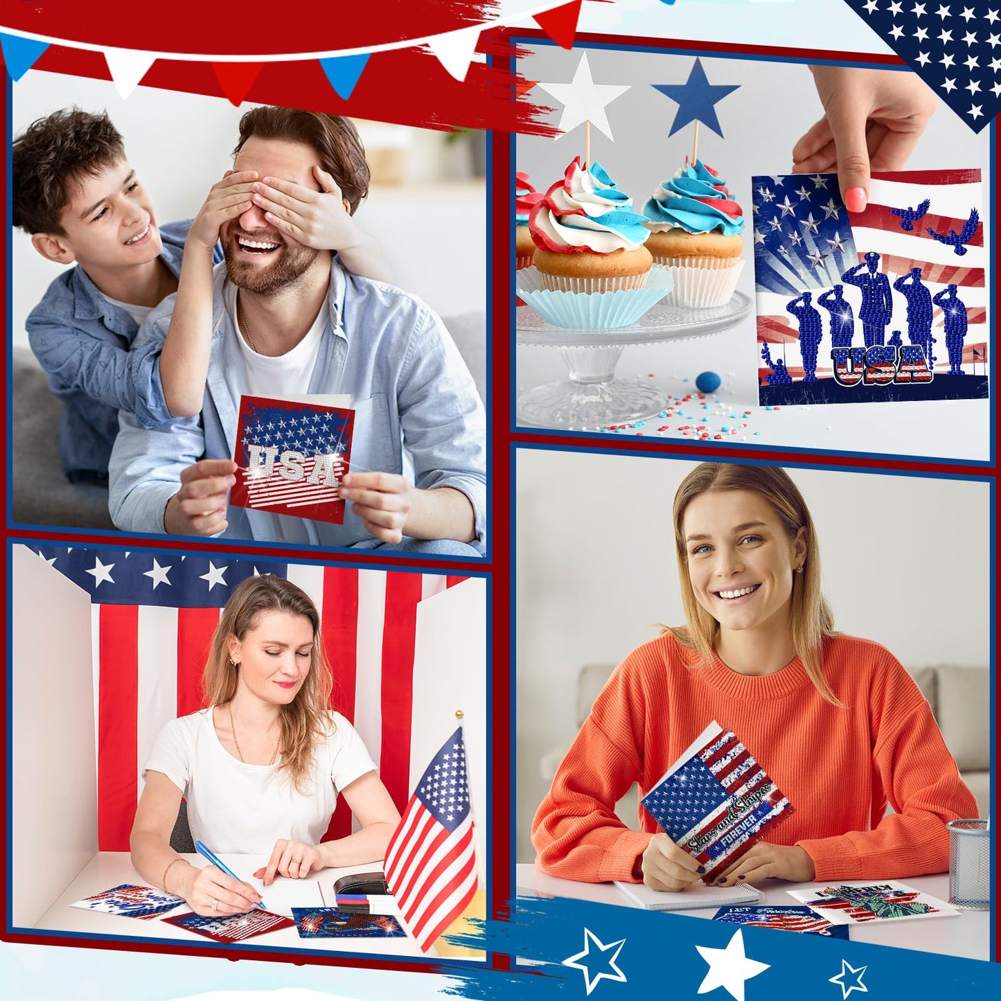 Saillong 12 Pack 4th of July Diamond Painting Greeting Card Kits Patriotic Diamond Art Cards with Envelopes Memorial Day Red White Blue 5D Rhinestones Painting Making Kits for Adults DIY Craft Gifts