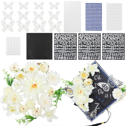 TKNOUS White Flower DIY Graduation Cap Decorations - Artificial Flower Heads, 3D Butterfly & Alphabet Letter Stickers, Glitter Paper for Art DIY Hat Grad Cap Topper