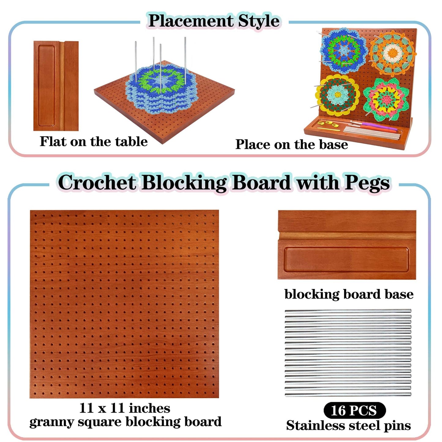 Velavow Granny Square Blocking Board 11" Crochet Blocking Board with 16 Pegs/Pins, Wooden Blocking Board for Crochet Projects, Ideal for Granny Squares, Gifts for Women, Moms, and Mothers