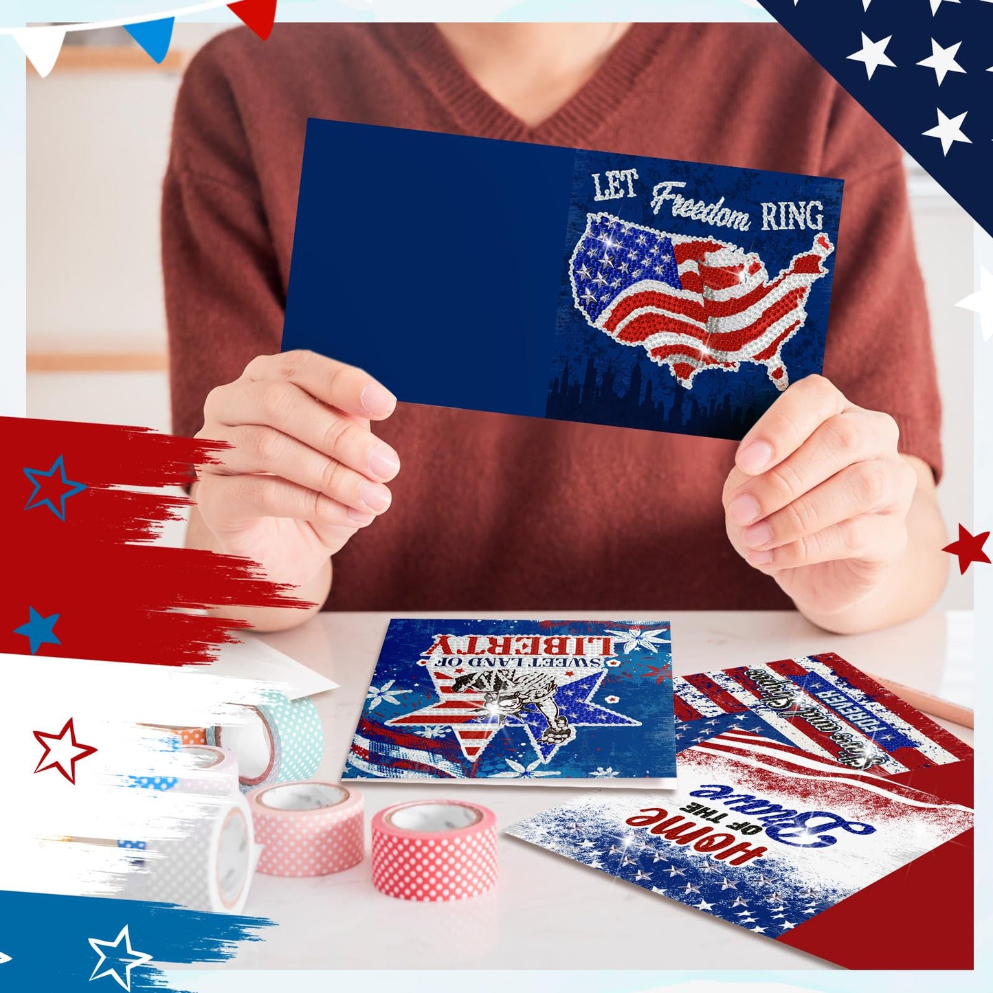 Saillong 12 Pack 4th of July Diamond Painting Greeting Card Kits Patriotic Diamond Art Cards with Envelopes Memorial Day Red White Blue 5D Rhinestones Painting Making Kits for Adults DIY Craft Gifts