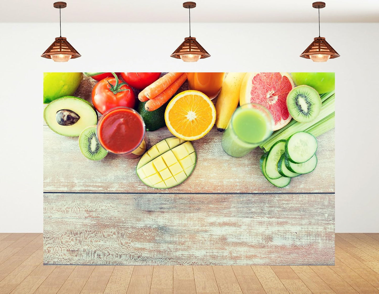 KeyWork 10x10ft Fresh Fruit Smoothie Backdrop Colorful Produce Wooden Table Photography Background for Healthy Themed