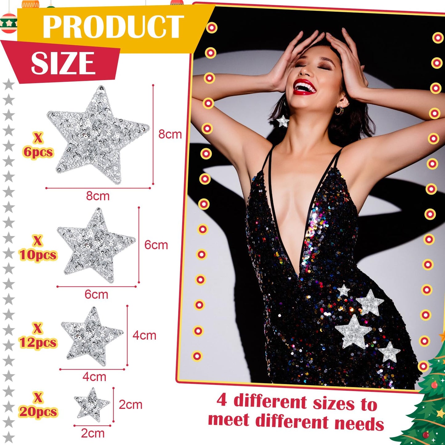 Giegxin 48 Pcs Star Sequin Patches in 4 Sizes Iron on Shiny Patches Embroidered Decorative Appliques for Hats Bags Jackets Jeans Backpacks Costume Clothing Accessory(Silver)
