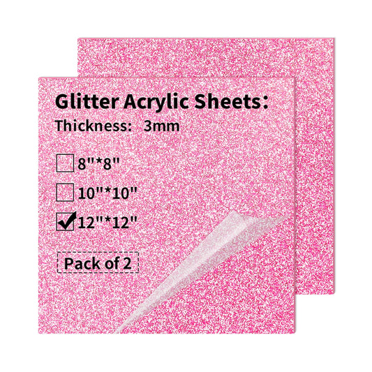 Glitter Acrylic Sheets 12 x 12 inch 1/8" Thick - 2 Pack Plexiglass Acrylic Panels Cast Blanks for Creative DIY Projects Laser Tags Cutting Engraving UV Printed Signs - Pink