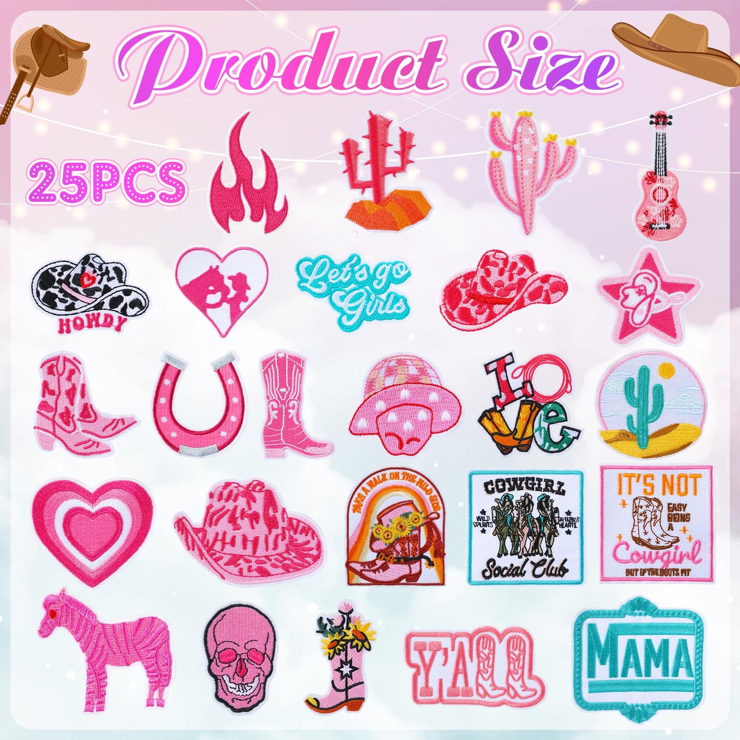 Hercicy 35PCS Western Cowgirl Trucker Hats DIY Kits, Sublimation Blank Baseball Caps Trucker Hat with Western Iron On Patches Pink Cowgirl Embroidered Patches for Bridal Shower Birthday Party