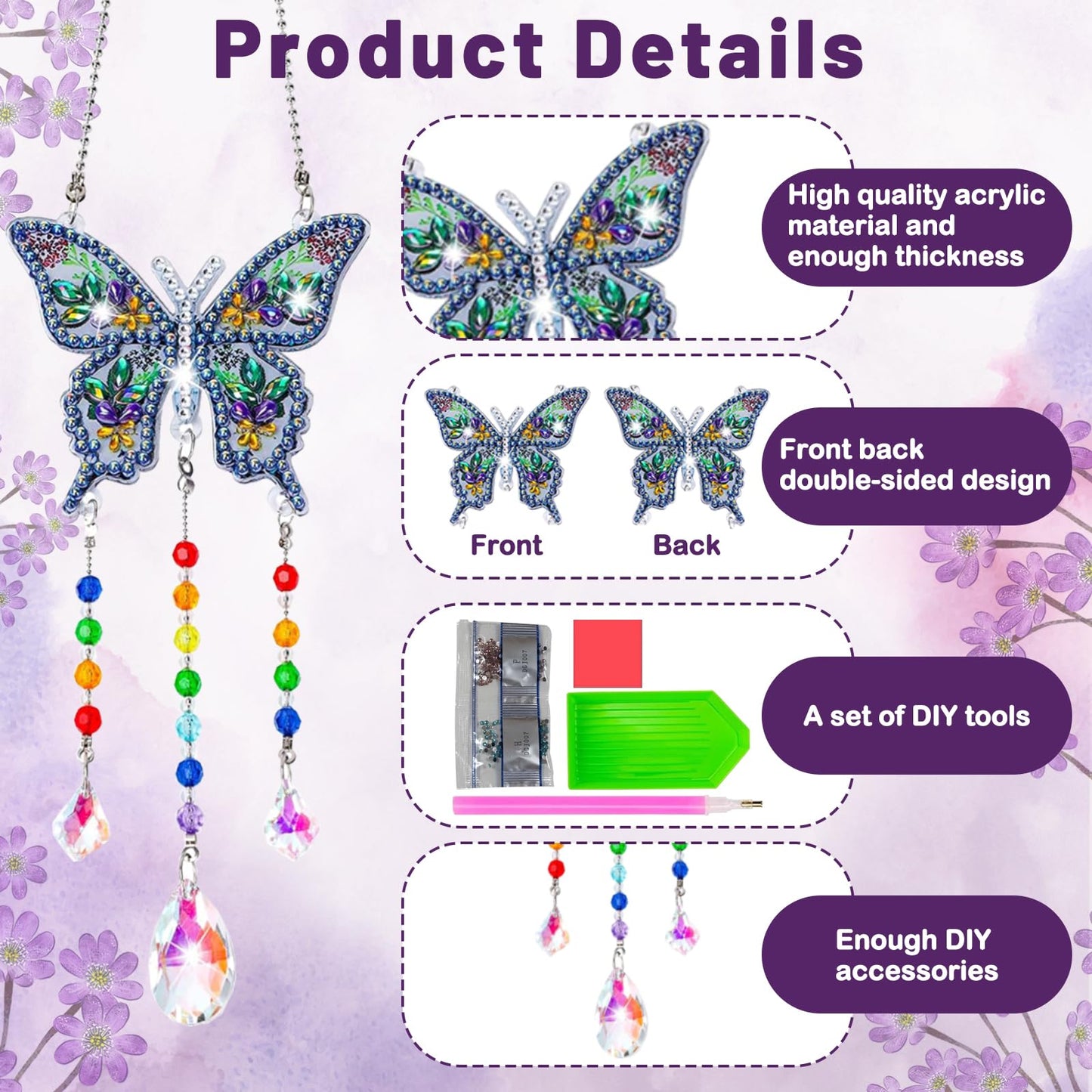 Arts and Crafts for Kids Ages 6-12, Birthday Gifts for 6 7 8 9 10 11 12 Year Old Girls, DIY Diamond Painting Kits for Kids Teens Adults, Butterfly Sun Hummingbird Wind Chimes for Home Garden Decor