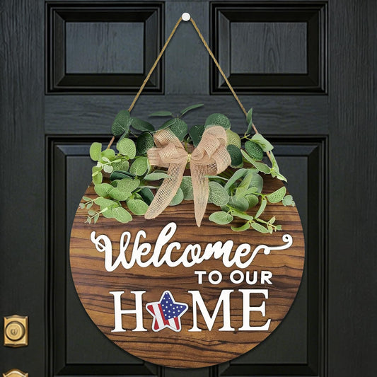 4th of July Door Sign Wreath Patriotic Wreaths for Front Door Wooden Welcome Wreath for Front Door Independence Memorial Day Decorations Round Outdoor Door Hanger for Porch Door Wall Window Decor Welcome Sign for Front door