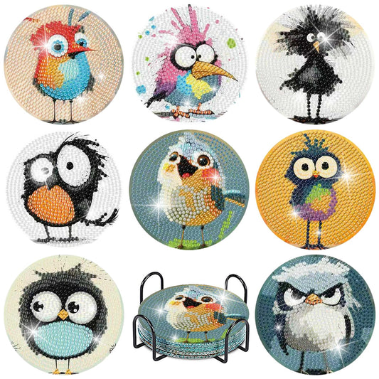 8 Pcs Retro Birds Diamond Art Coasters Kits for Adults with Holder, Cute and Funny Bird Pattern Wooden Diamond Painting Coasters Kits, DIY Diamond Dots Art Painting Coaster Crafts Kit for Home Decor