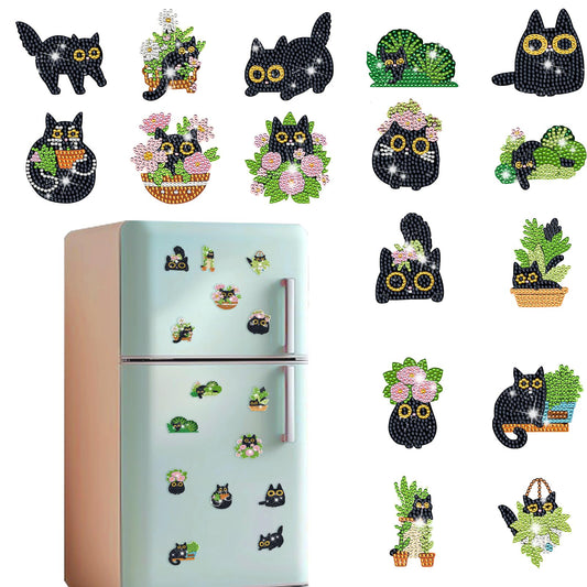 Gamteldot 16Pcs Diamond Art Magnets Kits-5D Small Diamond Art Kits for Adults Beginners,DIY Gem Art Painting Kits with Full Tools,Rhinestone Refrigerator Gem Crafts for Decor Gift -Black Cat