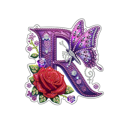 DIY Hanging Diamond Art Kit for Adult – Gem Art Window & Wall Pendant, Acrylic Letter Diamond Painting Ornament for Home & Garden Decoration (R)
