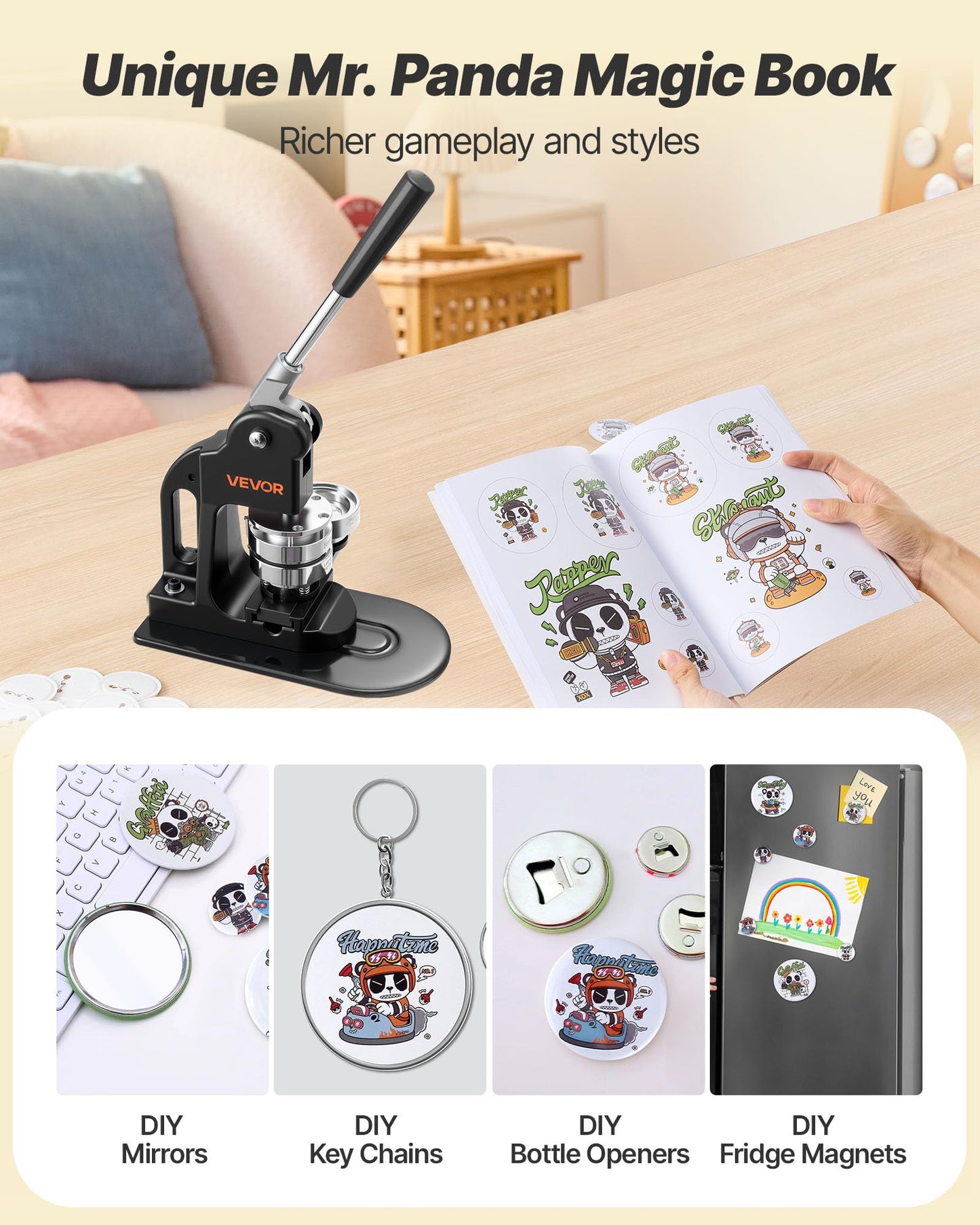 VEVOR Button Maker Machine, 2.25 in, Pin Maker Machine with 500pcs Button Parts, Circle Cutter, Hex Wrenches and Magic Book, Ergonomic Handle, for DIY Badges, Personalized Pins and Key Chains, Black