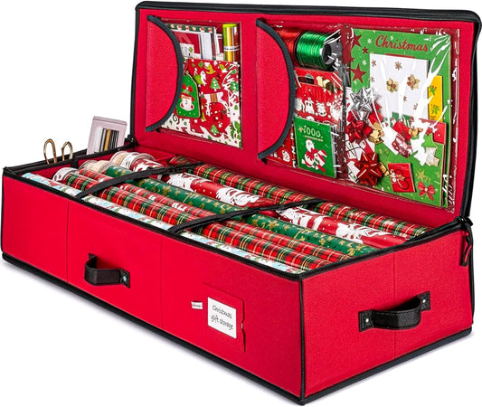ZOBER Gift Wrapping Paper Organizer - 40" Storage for 24 Rolls with Pockets for Bows & Tags | Red/Black 600D Oxford