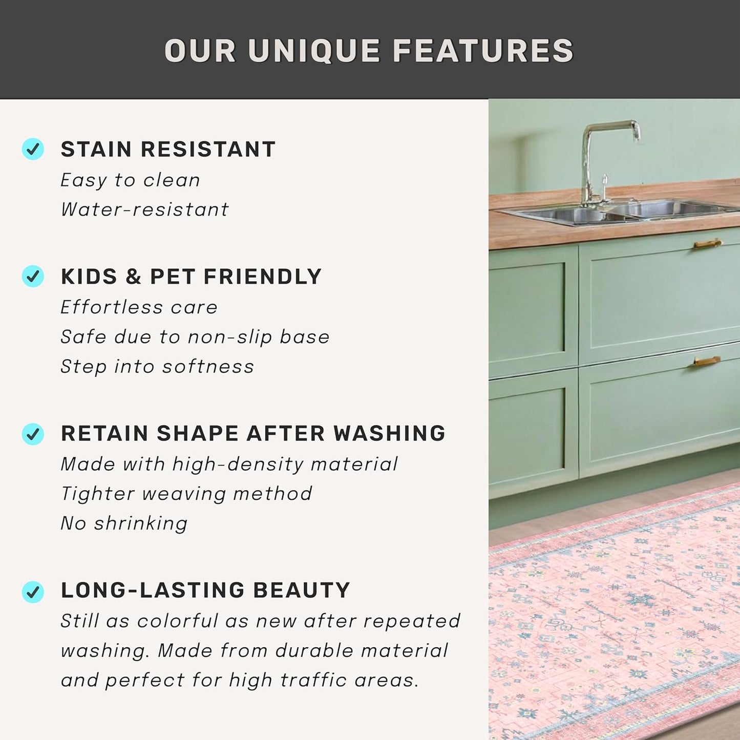 Oushak Rugs | Washable Pink and Blue 6x9 Area Rug - Soft Faux Wool, Modern Floral Design for Kids' Rooms