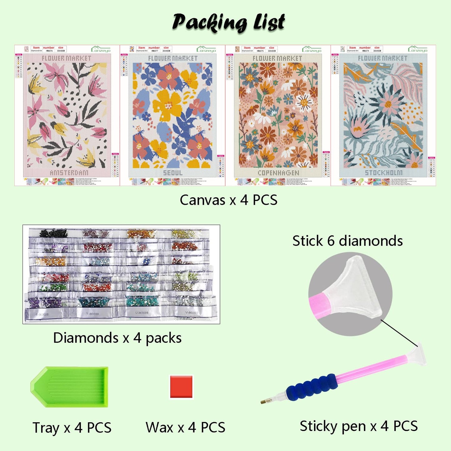 Lanzeyo Diamond Painting Kits for Adults Flower Diamond Art Kits for Beginners Diamond dot Kits Floral Wall Art DIY Adults Crafts 4PCS Gem Art (Flower)