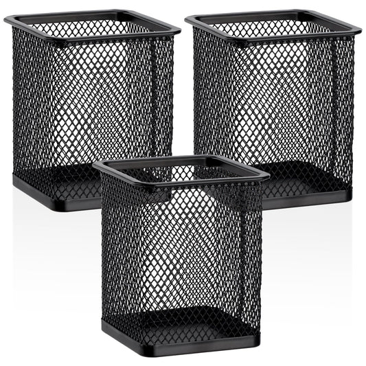 Segarty Square Pen Holder, 3 Pack Black Pen Holder for Desk, Metal Mesh Pencil Cup Container Desktop Accessories Organizer for Office, School, Home, Makeup Brush