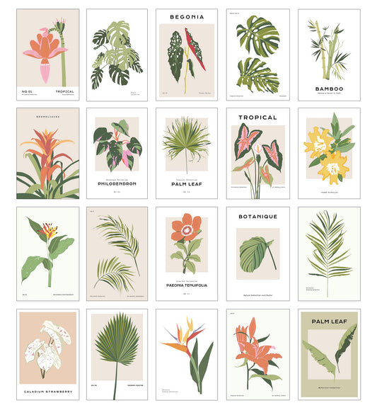 20 Piece Tropical Graphic Garden Flower Floral Collage Kit - Art Boheme, Palm Plants Minimalist, Teen Room Wall, Dormitory Bedroom Decorations, Aesthetic, 4x6 Professional Photos