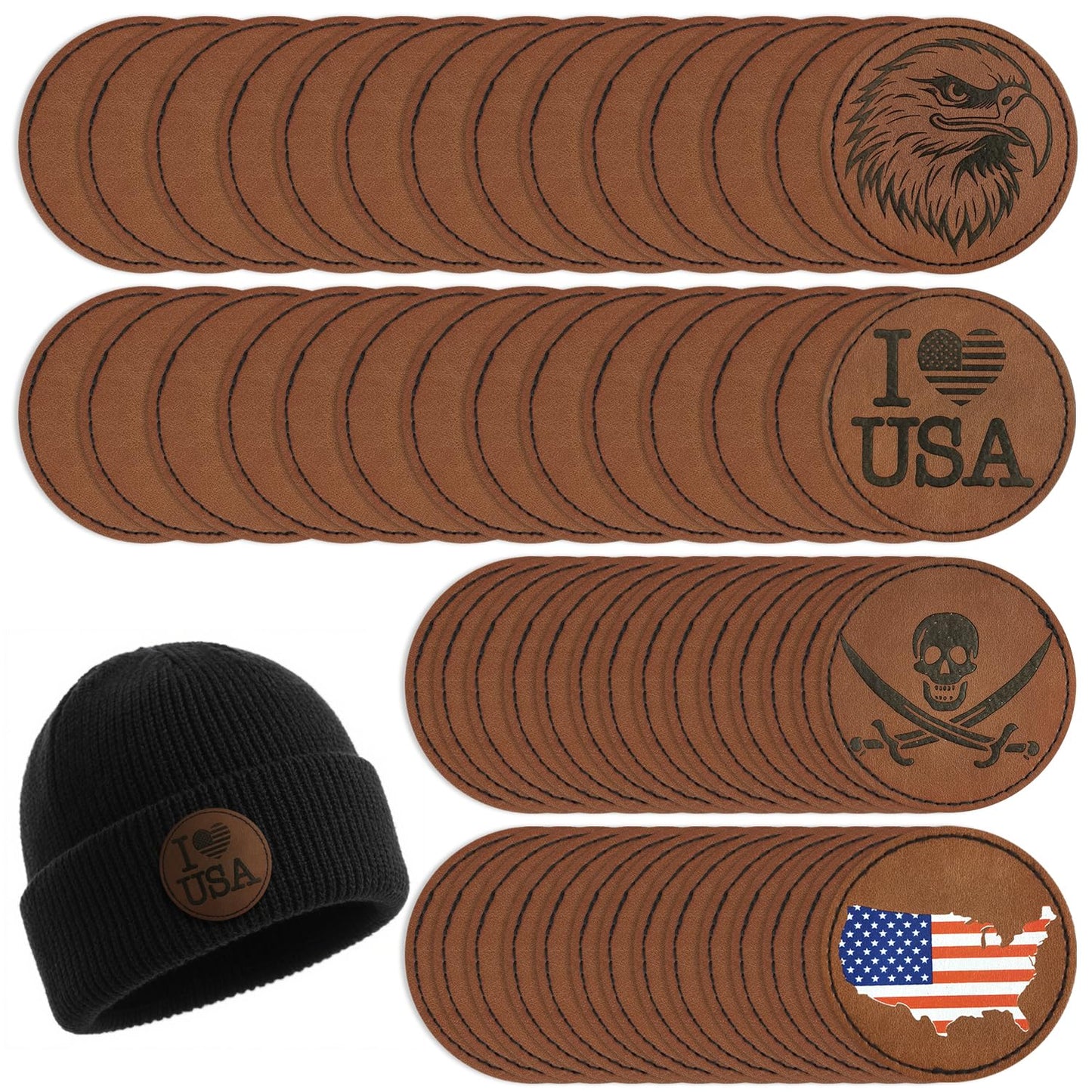64Pack Blank Leather Hat Patches with Adhesive Backing, Laserable and Iron-on Leatherette Patch, Faux Leather Patches for Hats Custom Fabric Repair Sew Supplies (Round Brown)