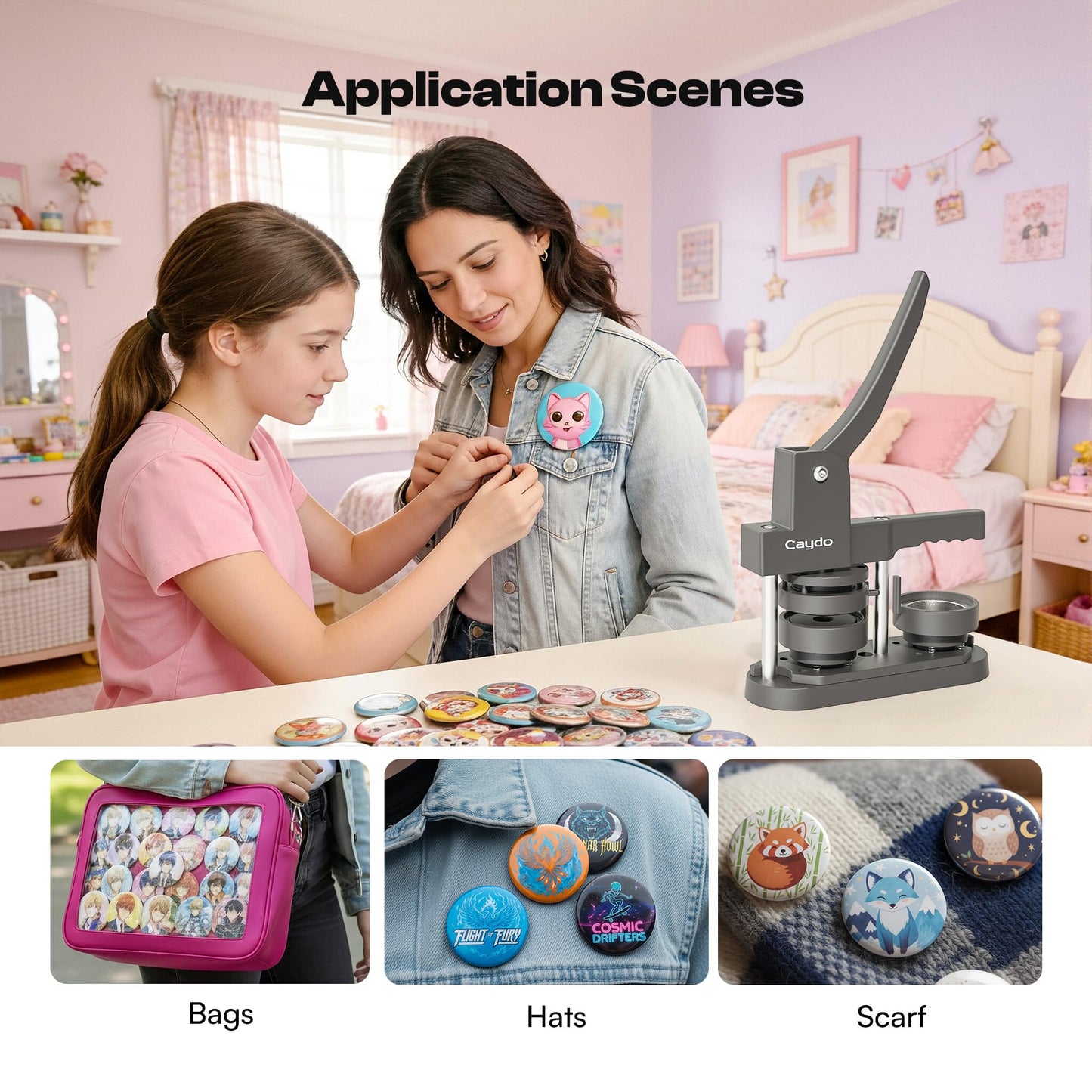 Caydo 2.25in(58mm) Button Maker Machine, Pin Maker Machine for Anime Fans DIY Badge Making Press Kit, Create Fan Pins for Conventions, Anime Meetups & Band Parties, Gifts for Young Adults