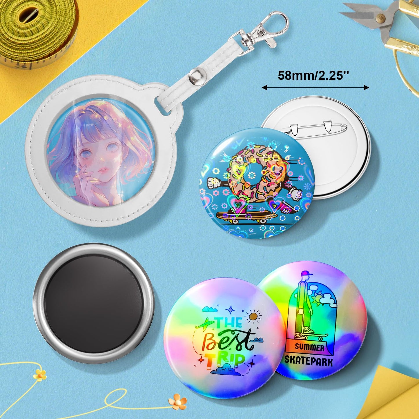 Button Maker Machine 2.25''(58mm), Pin Maker Button Press Machine W/100 Holographic Film Pinbacks,10 Fridge Magnet, 5 Keychain Sleeve, Create Fan Pins for Cosplay, Anime Meetups, Kpop