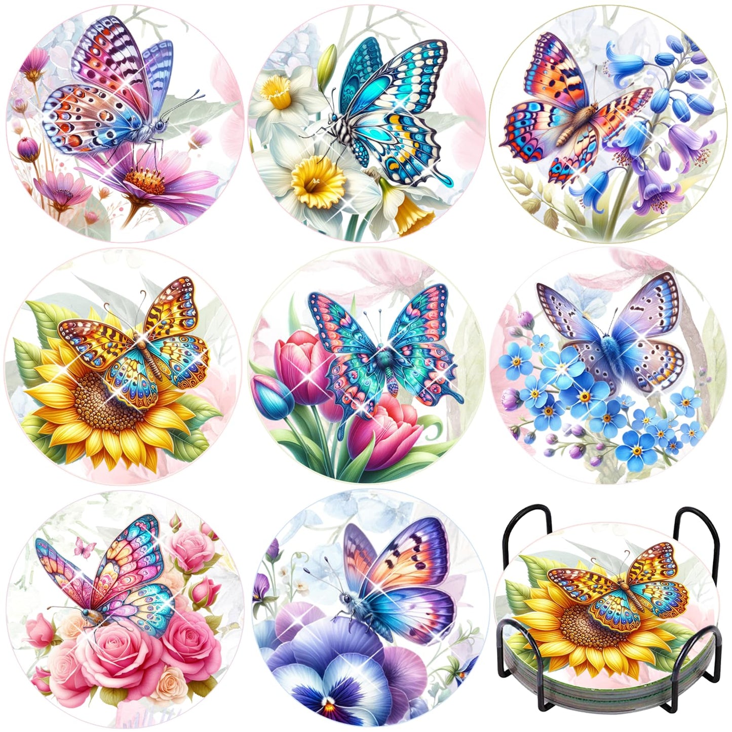 TDOOW Diamond Art Painting Coasters Kit, 8 Pcs Colorful Butterfly Diamond Art Coasters with Holder, DIY Diamond Painting for Adults Beginners