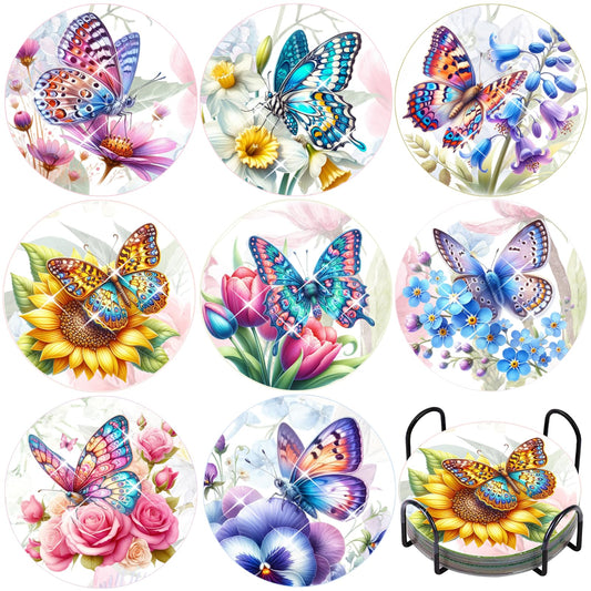 TDOOW Diamond Art Painting Coasters Kit, 8 Pcs Colorful Butterfly Diamond Art Coasters with Holder, DIY Diamond Painting for Adults Beginners