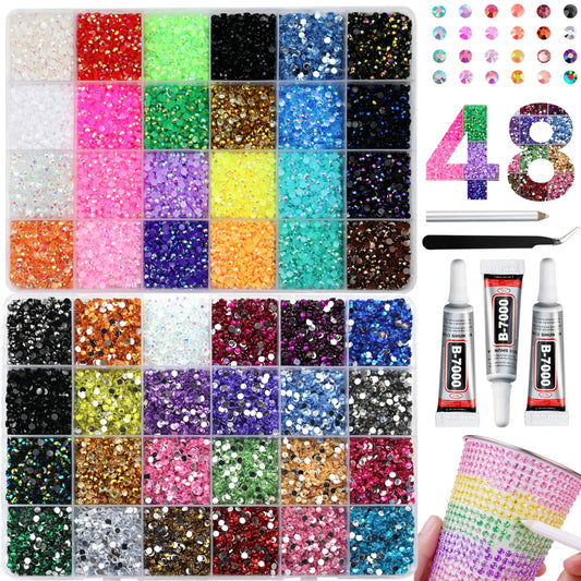 48000Pcs Resin Rhinestones for Bedazzling Kit, 48 Color 3mm Flatback Gems for Crafting Diamond Art with 3Pcs 10ml Jewelry Glue & Tools for Nail Book Painting Accessories