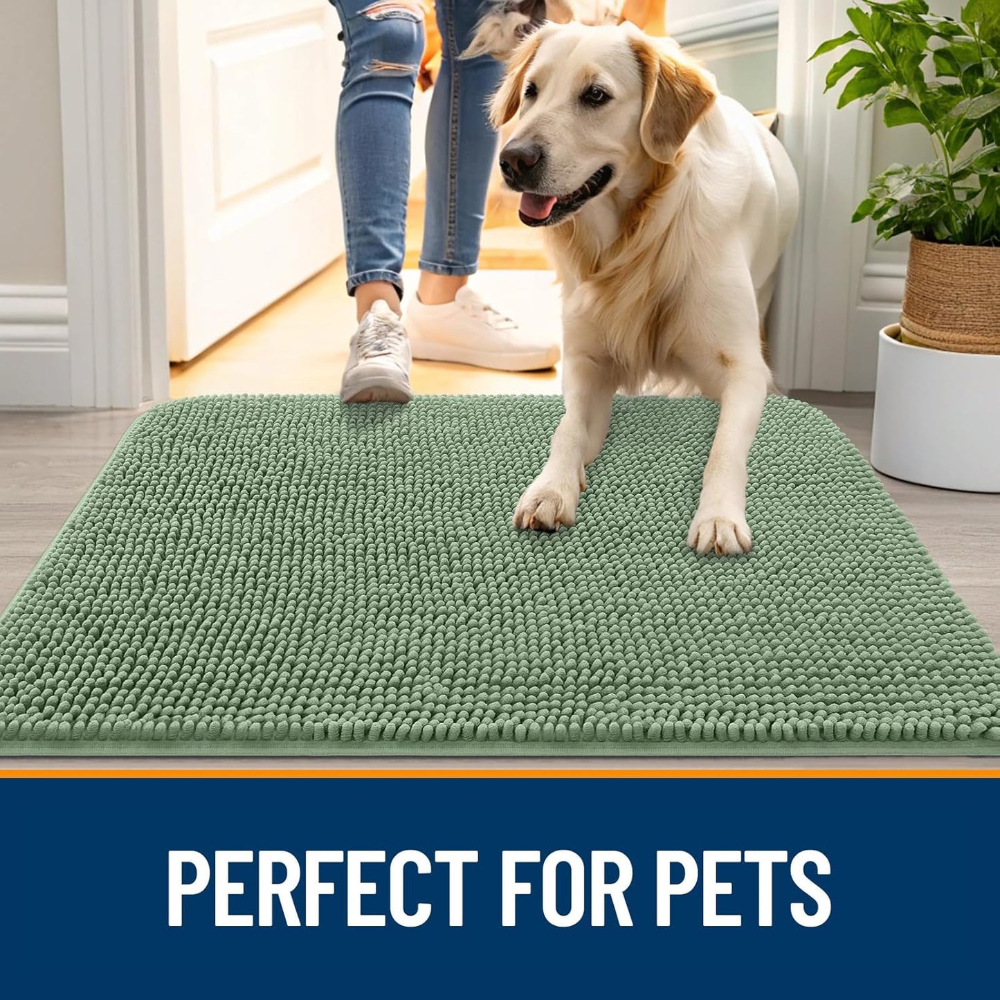 OLANLY Dog Door Mat - Absorbent Non-Slip Washable Doormat for Muddy Paws | 70x35 Olive Green