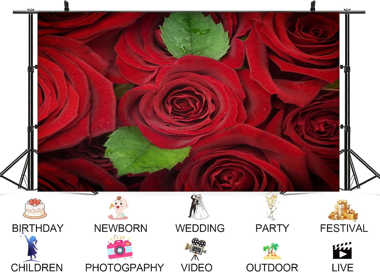 UPXIO 10x7ft Red Roses with Green Leaves Backdrop Romantic Floral Bouquet Photo Background Tapestry for Valentine's Day