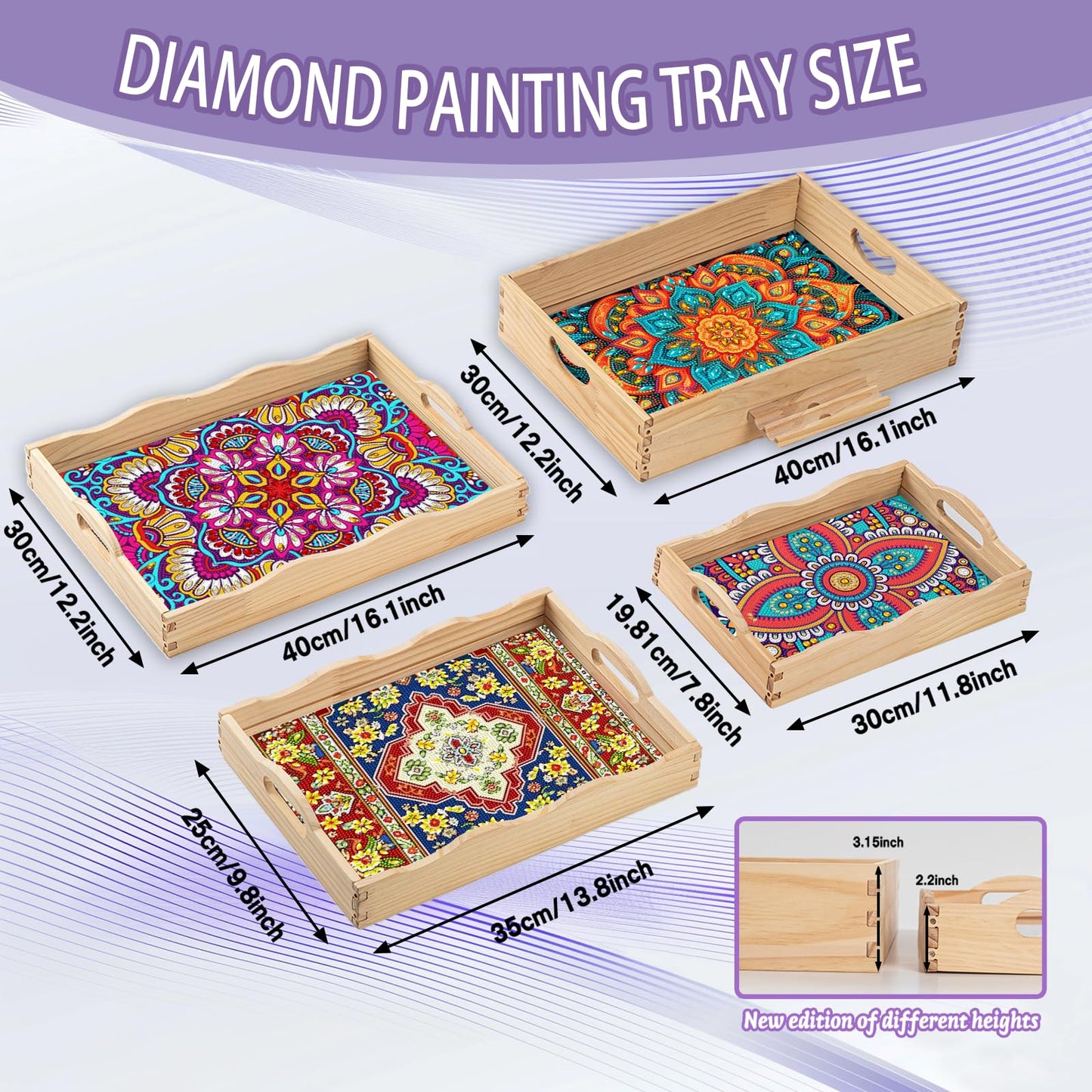 EWJRNSF Diamond Art Kits for Adults Wooden Serving Trays with Handles, 5D Diamond Painting Big Gem Arts and Craft Gifts Trays with Phone Holder Decor Gift Home Decor 12.2x16.1 Inches Mandala