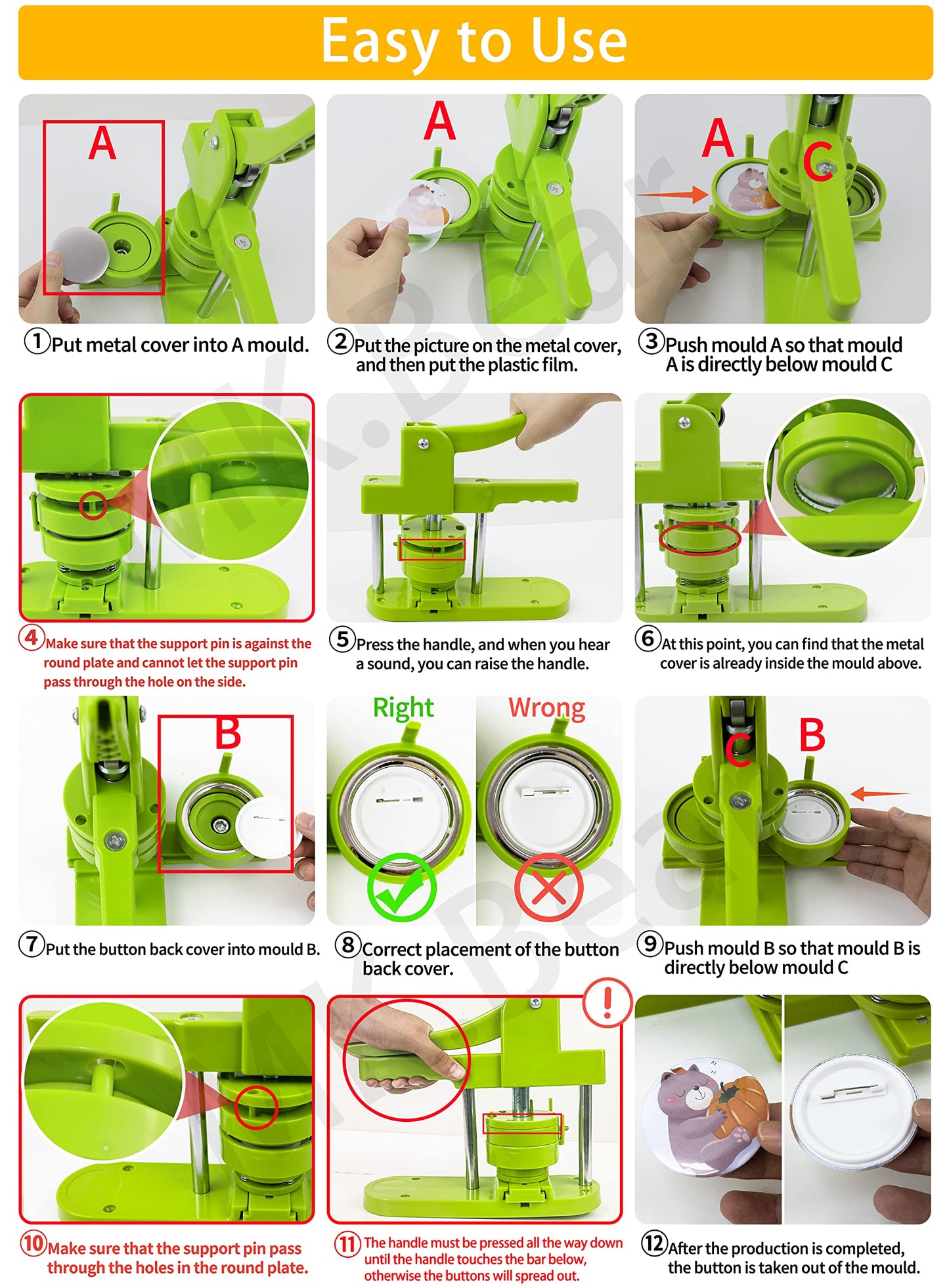 MK.Bear Button Maker Machine - Multiple Sizes 1.25in+2.25in, Kit for DIY Gifts, Button Press Machine with Free 200PCS 32-58mm Supplies & 2 Circle Cutter