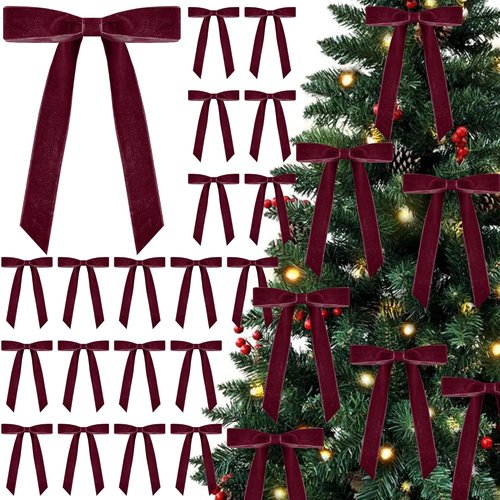 Curvier Velvet Christmas Bows - 25 Pcs Vintage Wreath Ornaments for Tree, Door & Decor | Burgundy (5x7 Inch, 1" Wide)