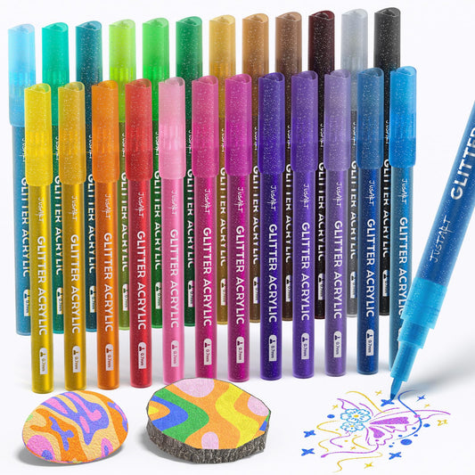 JusArt 24 Colors Glitter Markers, 0.7mm Extra Fine Tip Acrylic Glitter Pens, Metallic Shimmer Marker for Adults DIY Crafts Making, Drawing, Scrapbooking Supplies, Rock, Wood, Glass, Fabric