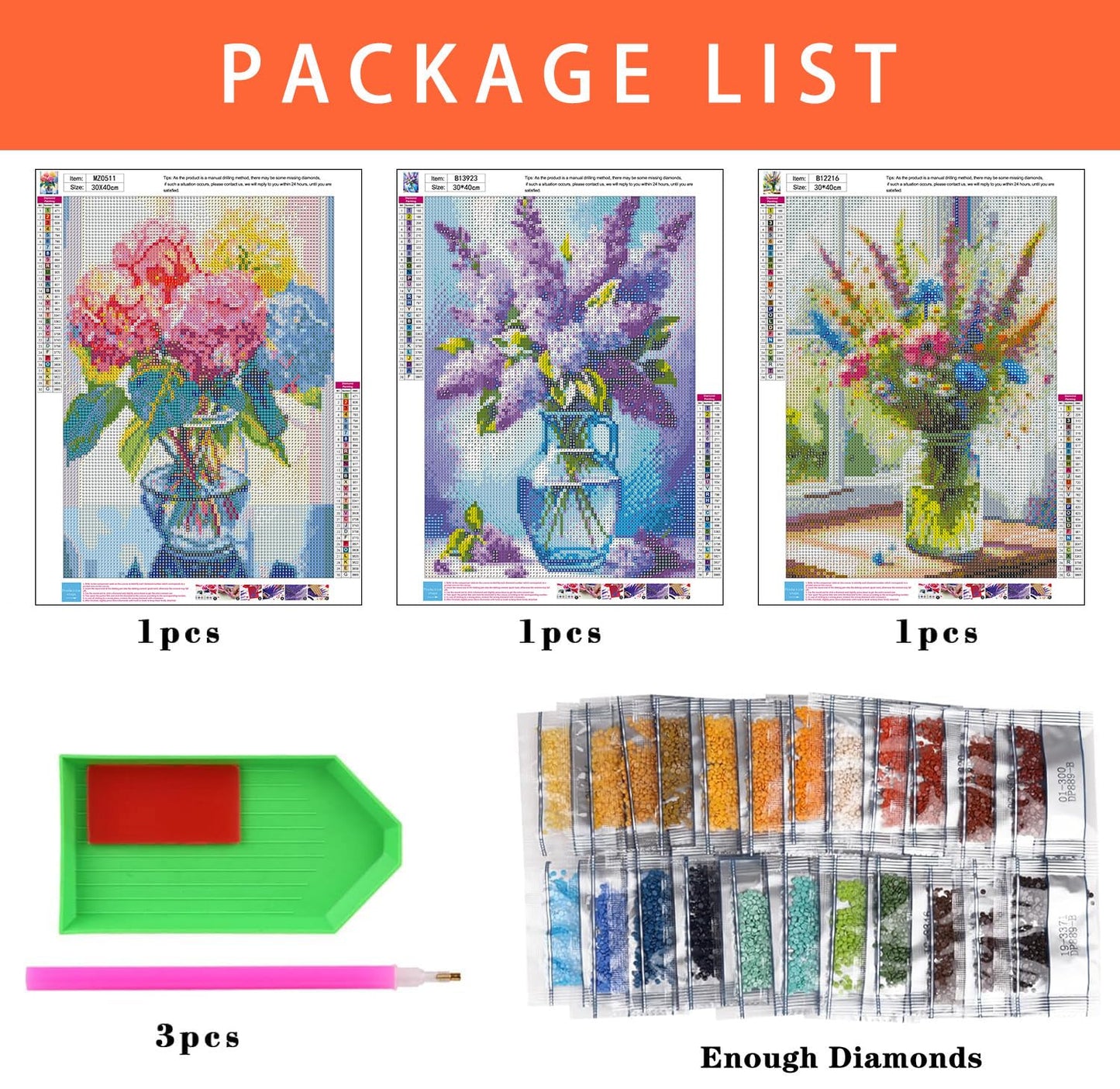 Axquilon Diamond Art Kits for Adults - 3 Pack Flowers Diamond Painting Kits for Adults, 5D Round Full Drill Vase Gem Art Paint by Diamonds Pictures DIY Crafts Kits 12x16inch