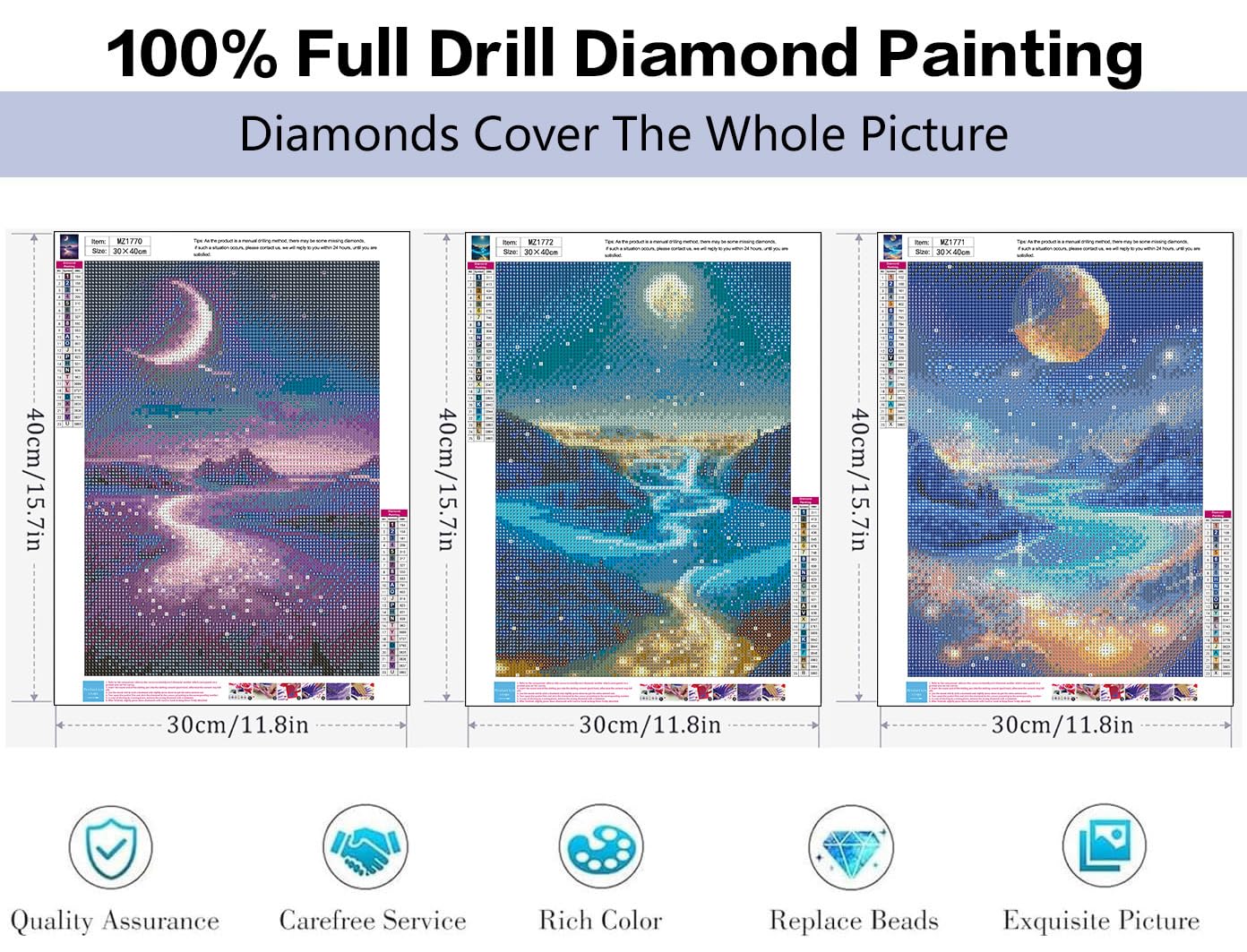 HHMATITS 3 Pack Diamond Art Kits for Adults - Moon Landscape Diamond Art Painting Kits for Adults Beginners, 5D Round Full Drill Paint by Diamonds Gem Art for Home Wall Decor Gifts 12x16Inch