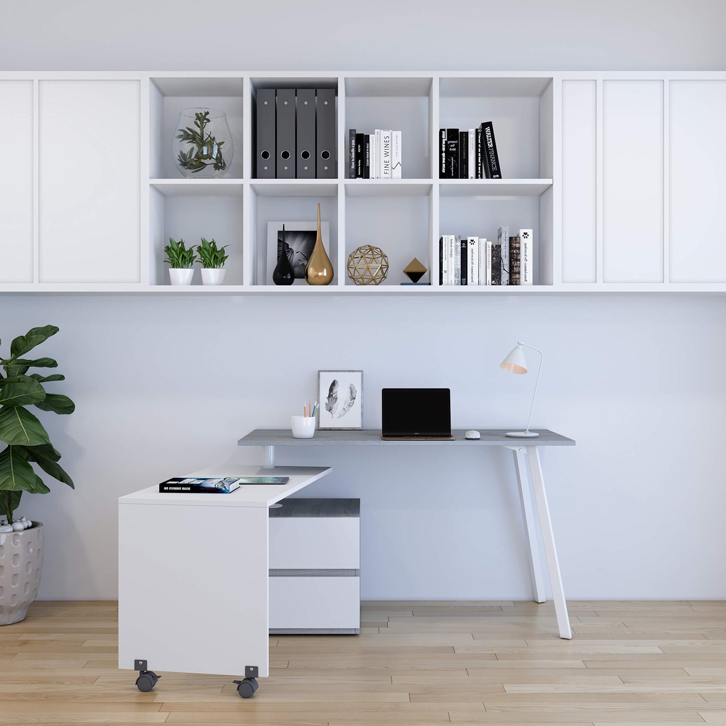 Adjustable L-Shaped Computer Desk with Rolling Tabletop for Multiple Configurations, Two-Drawer Cabinet, and Sturdy Steel Legs – Space-Saving, Ergonomic Design for Home Office or Workspace, Grey