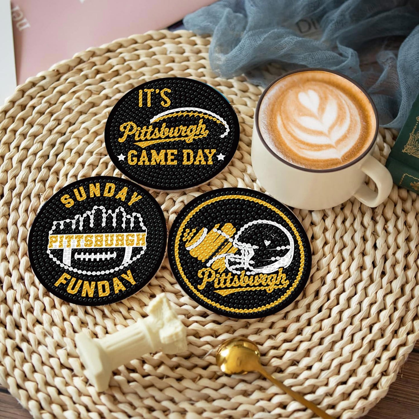 Bartogro 8 Pcs Diamond Painting Coaster Kits, DIY Football Diamond Art Coasters with Holder Sports Diamond Art Crafts Supplies for Pittsburgh Design