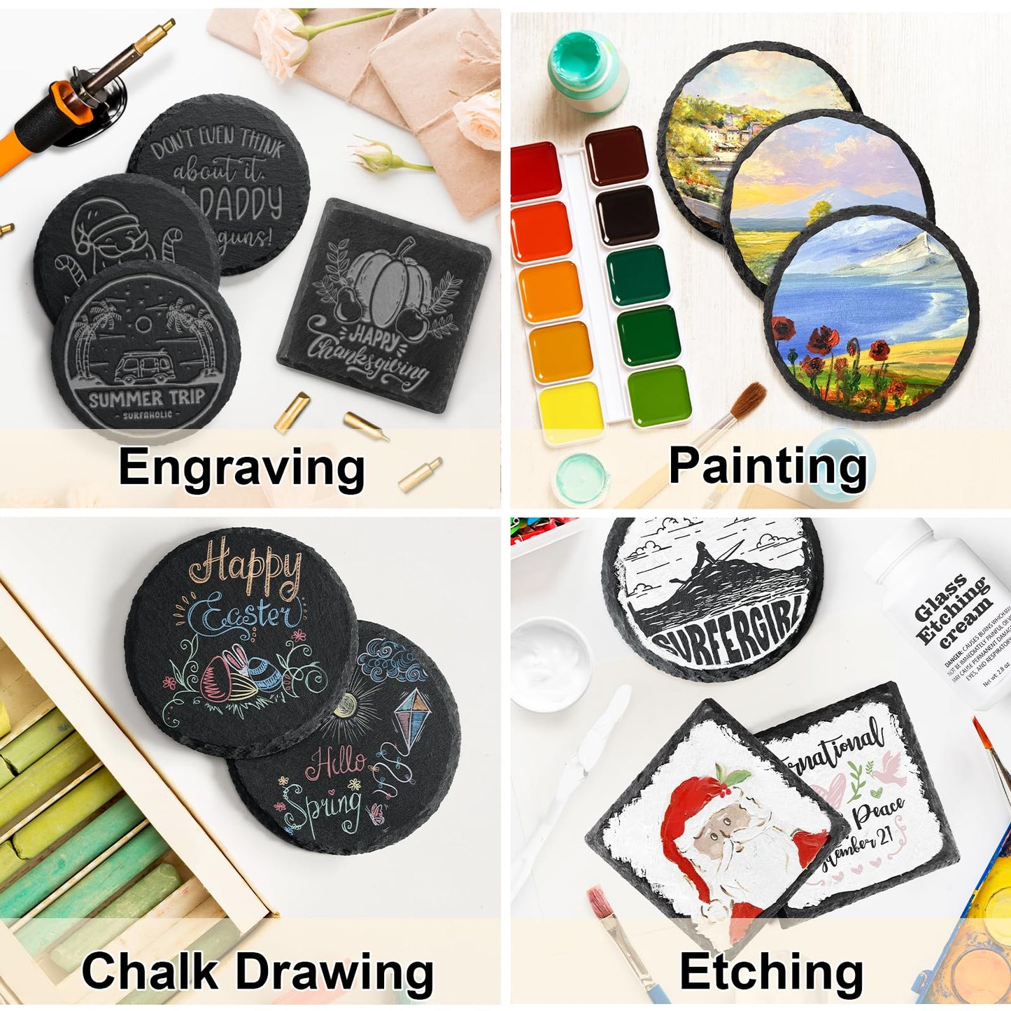 48 PCS Round Slate Drinks Coasters Bulk for Laser Engraving, MAPRIAL 4 Inch Handmade Black Rustic Stone Coaster Laser Blanks with Anti-Scratch Backing for Engraver, Wedding, Gifts, Home Decor, Bar