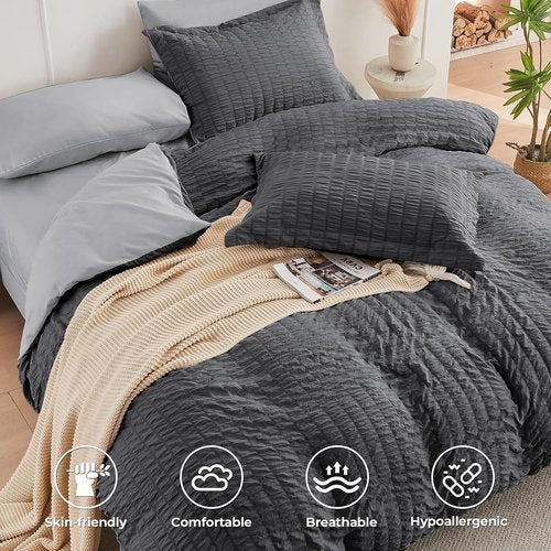 HYMOKEGE Comforter Set - All Season Luxury Bedding in Dark Grey/Light Grey | 7 Pieces, Full Size