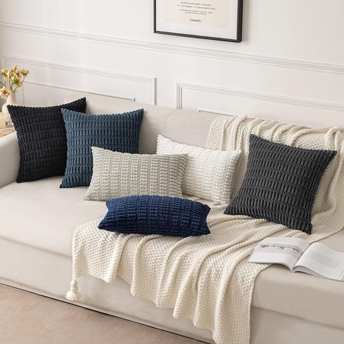 MIULEE Euro Sham Pillow Covers - Soft Corduroy Boho Striped Design | 24x24 Inch Black for Modern Home Decor
