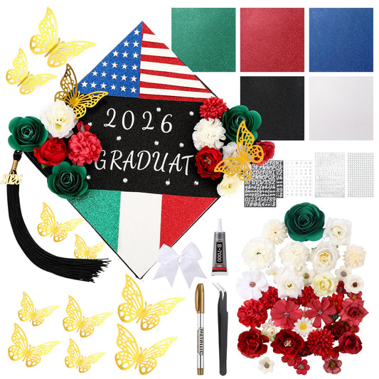 WinnerWhy 51Pcs DIY Mexican American Flag Graduation Cap Decorations 2026 Handmade Mexican American Grad Hat kit Included Faux Flower Heads Letter 3D Butterfly Stickers for Craft Graduation Cap Topper
