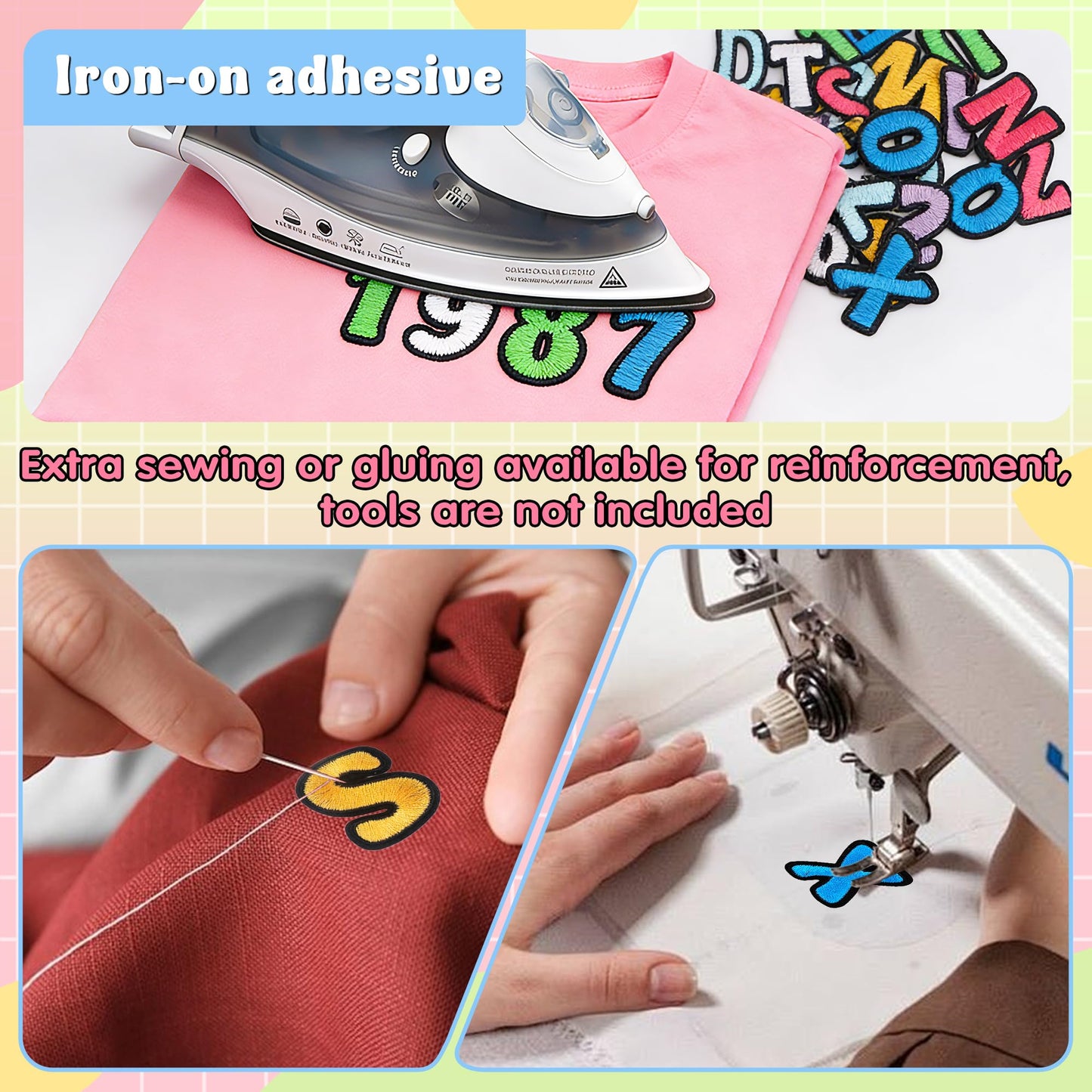 144PCS Iron On Letter Patches Iron On Letters for Clothing Fabric Backpacks Hat Jeans Jackets Shirts Bags Varsity Girls Boys, Applique Sew On Embroidered Letters Alphabet A-Z Number Patches 0-9
