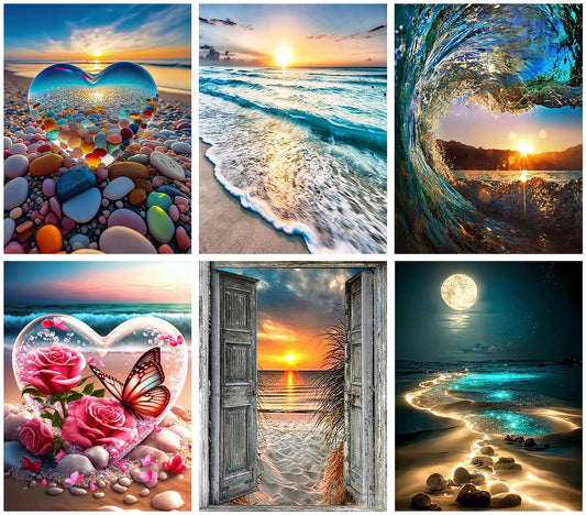 KINPLUB 6 Pack Diamond Painting Kits for Adults, 5D Beach Diamond Art Kits for Beginners, DIY Full Drill Paint with Diamond Gem Art, Home Wall Decor 12 x 16 Inch