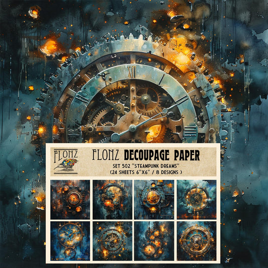 Decoupage Paper Pack (24 Sheets 6"x6") Steampunk Dreams: Intricate Watercolor Clockwork and Gears with Shimmering Metallic Accents # Vintage Styled Paper for Craft and Scrapbooking