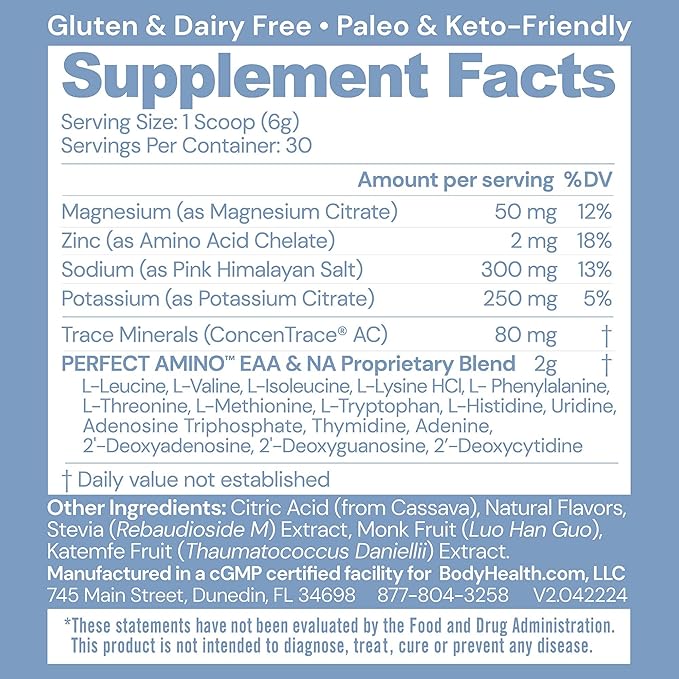 BodyHealth PerfectAmino Electrolyte Powder No Sugar, Hydration Fasting Keto Zero Sugar Electrolytes Drink Mix with Trace Minerals - Lemon Lime - 30 Servings