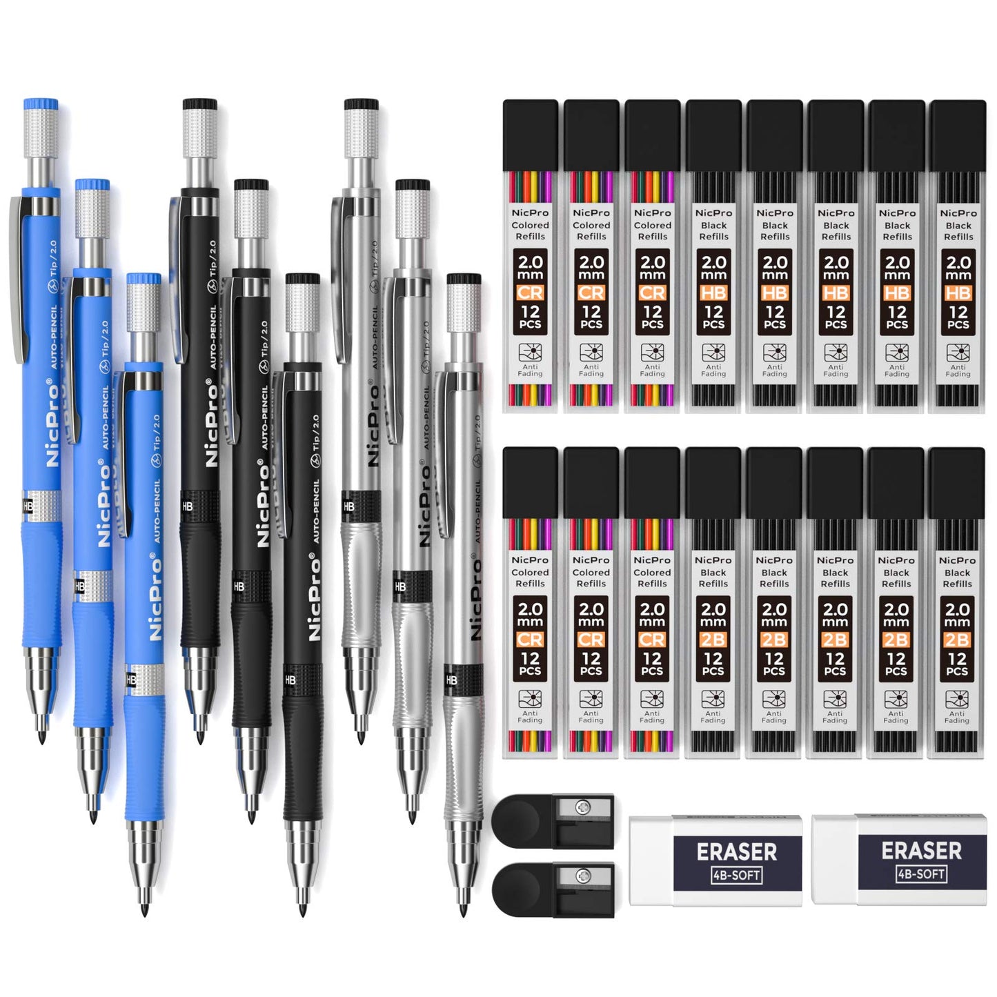 Nicpro 29 Pieces 2mm Mechanical Pencil Set, 9 PCS Drafting Carpenter Pencils 2.0 mm for Art Drawing Sketching construction with 192 Lead Refills Pre-Sharpen HB & 2B & Colors, 2 Erasers, 2 Sharpener