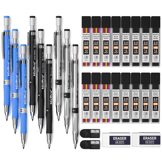 Nicpro 29 Pieces 2mm Mechanical Pencil Set, 9 PCS Drafting Carpenter Pencils 2.0 mm for Art Drawing Sketching construction with 192 Lead Refills Pre-Sharpen HB & 2B & Colors, 2 Erasers, 2 Sharpener