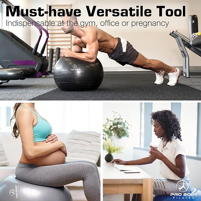 ProBody Pilates Yoga Ball Chair, Exercise Ball Chair with Base or Stand for Home Office Desk Sitting or Workout, 65cm Antiburst Balance & Stability Ball Seat, Large Gym Ball for Back, Abs