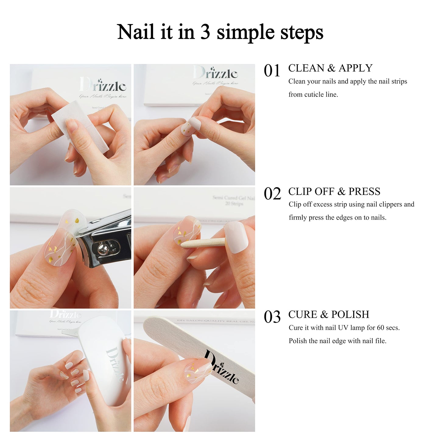 Drizzle Semi Cured Gel Nail Strips, Real Nail Polish Art Stickers (UV/LED Light Required), Glossy, Glitter, Solid Color, Full Nail Wraps Long Lasting, Nail Strips Decal for Women (Crystal)
