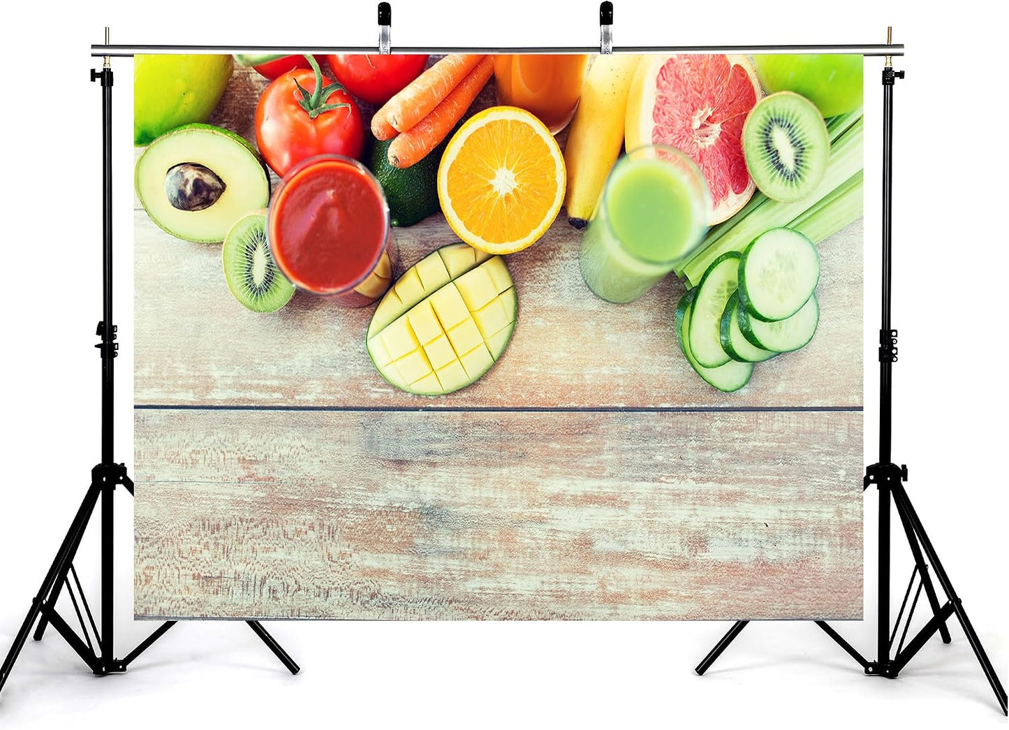 KeyWork 10x7ft Fresh Fruit Smoothie Backdrop Colorful Produce Wooden Table Photography Background for Healthy Themed