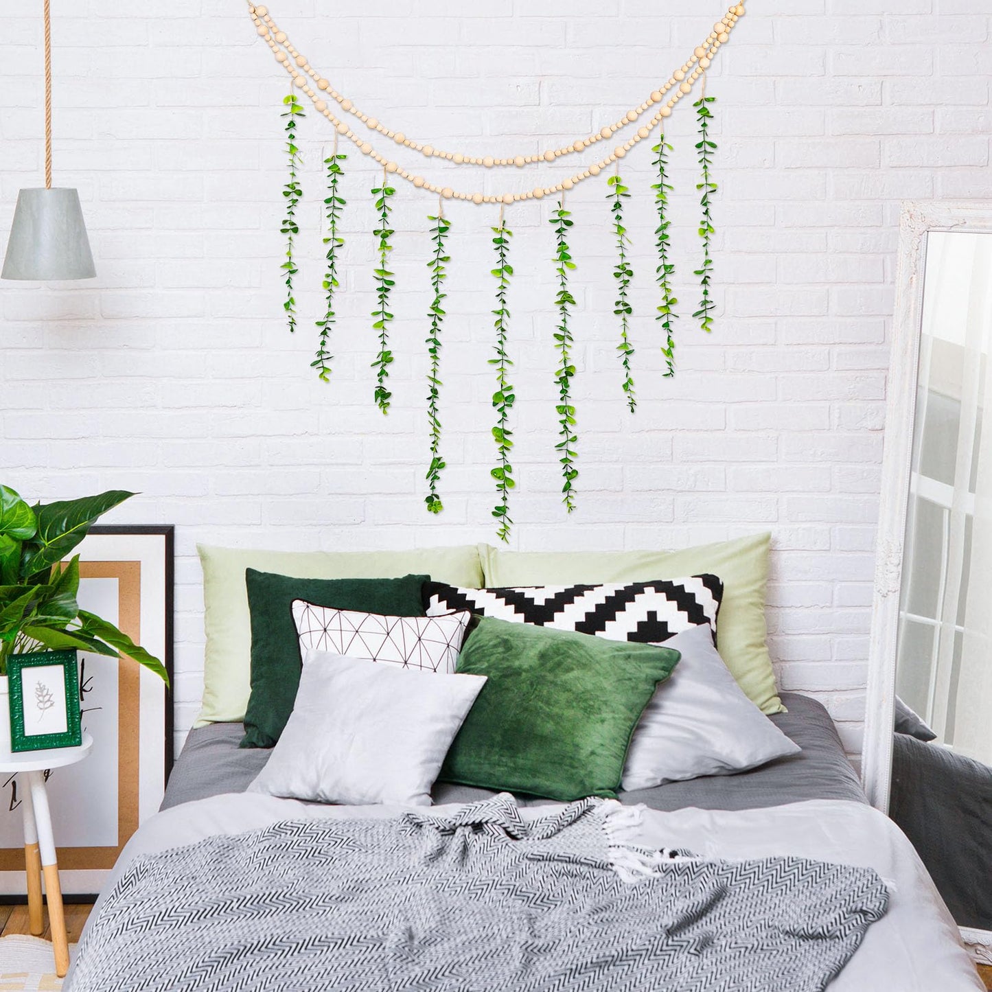 TXIN Hanging Photo Display Holder Wall Decor with Wooden Cards Clips, Boho Style Picture Frame Wood Beads Garland Artificial Eucalyptus Plant Home Decoration for Farmhouse Greenery Cubicle Bedroom