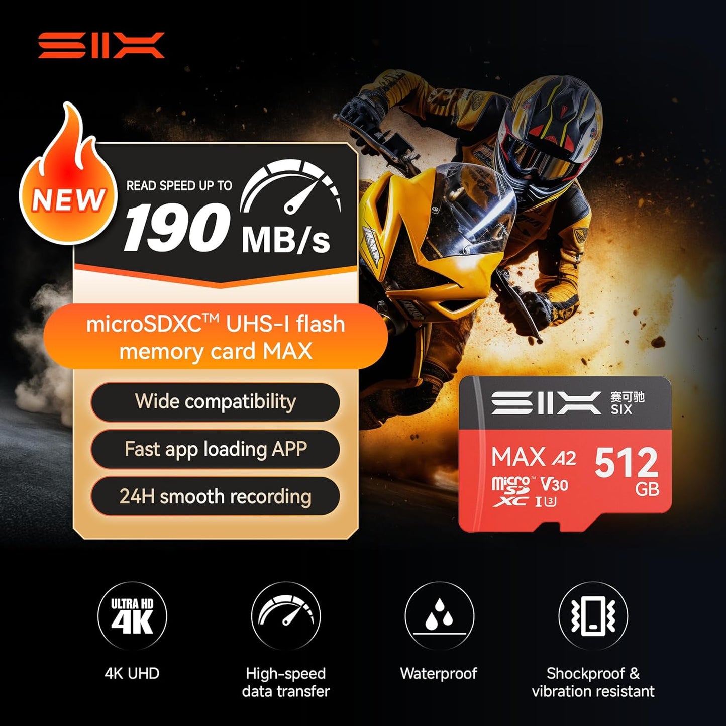 SIX M200 64GB 190MB/s 4K A2, U3, V30 64GB Micro SD Card Read Up to for UHD Continuous Recording - microSDXC Memory Card
